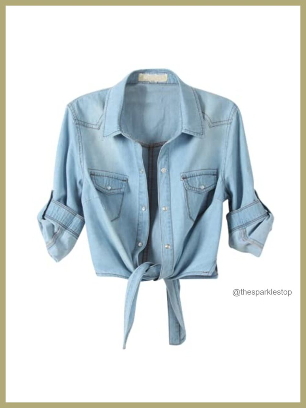 Womens Denim Crop Top Button Down Chambray Shirt 3/4 Sleeve Tie Front